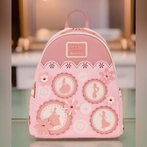 NEW Disney Princess Silhouettes Floral & Lace Pink Backpack Rose Gold Hardware